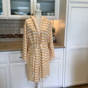 Yellow and White Striped Bamboo & Cotton Hooded Bathrobe Size Large